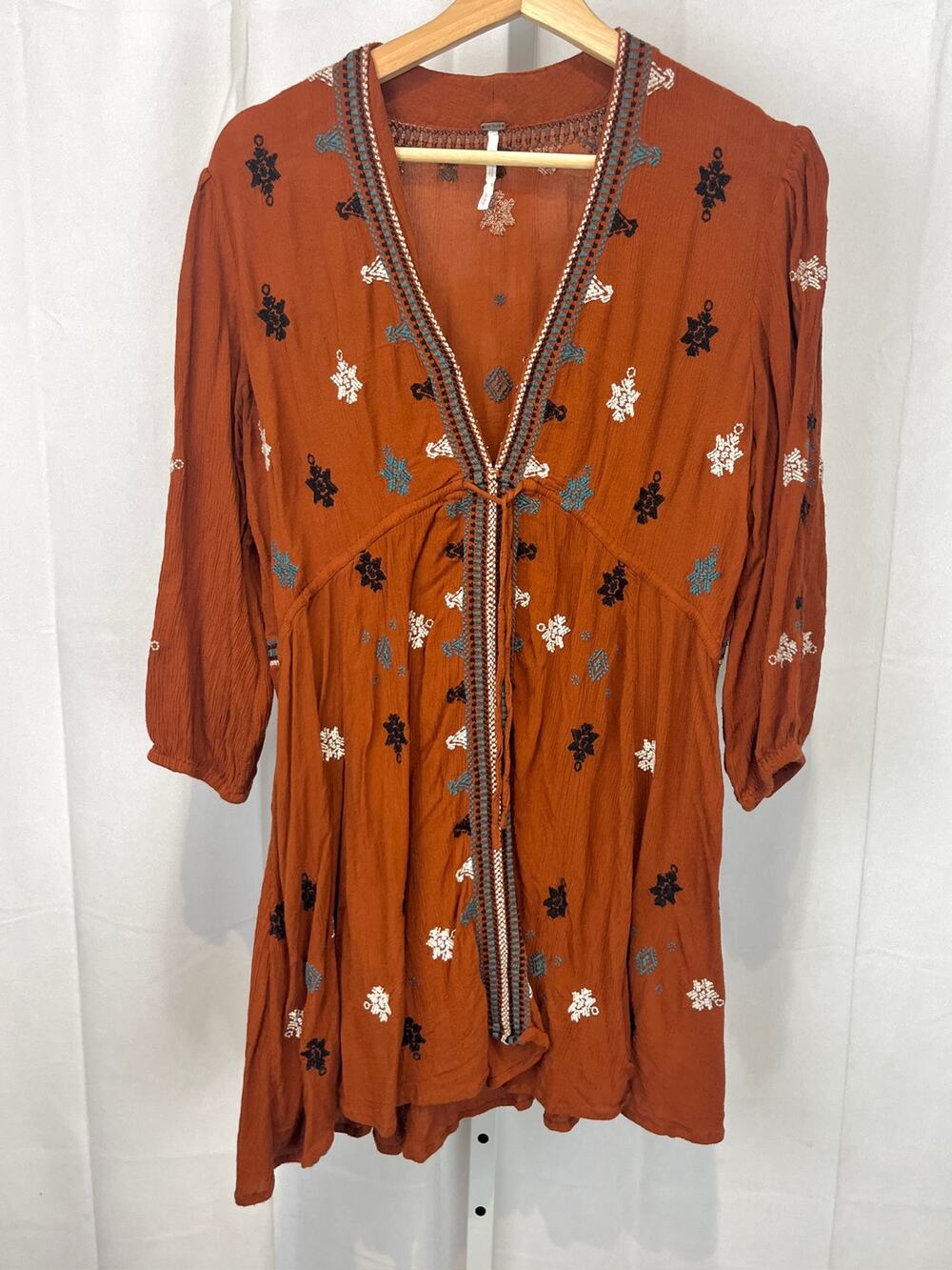 FREE PEOPLE Star Gazer Mini Dress Embroidered Rayon Brown Orange Size S